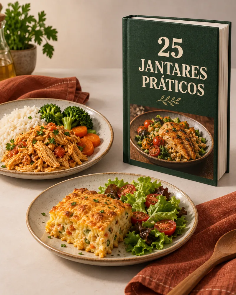 Mockup do bônus 25 jantares práticos com livrinho e pratos de jantar