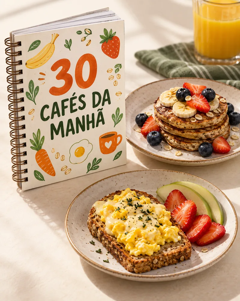 Mockup do bônus 30 cafés da manhã com livrinho e pratos de café