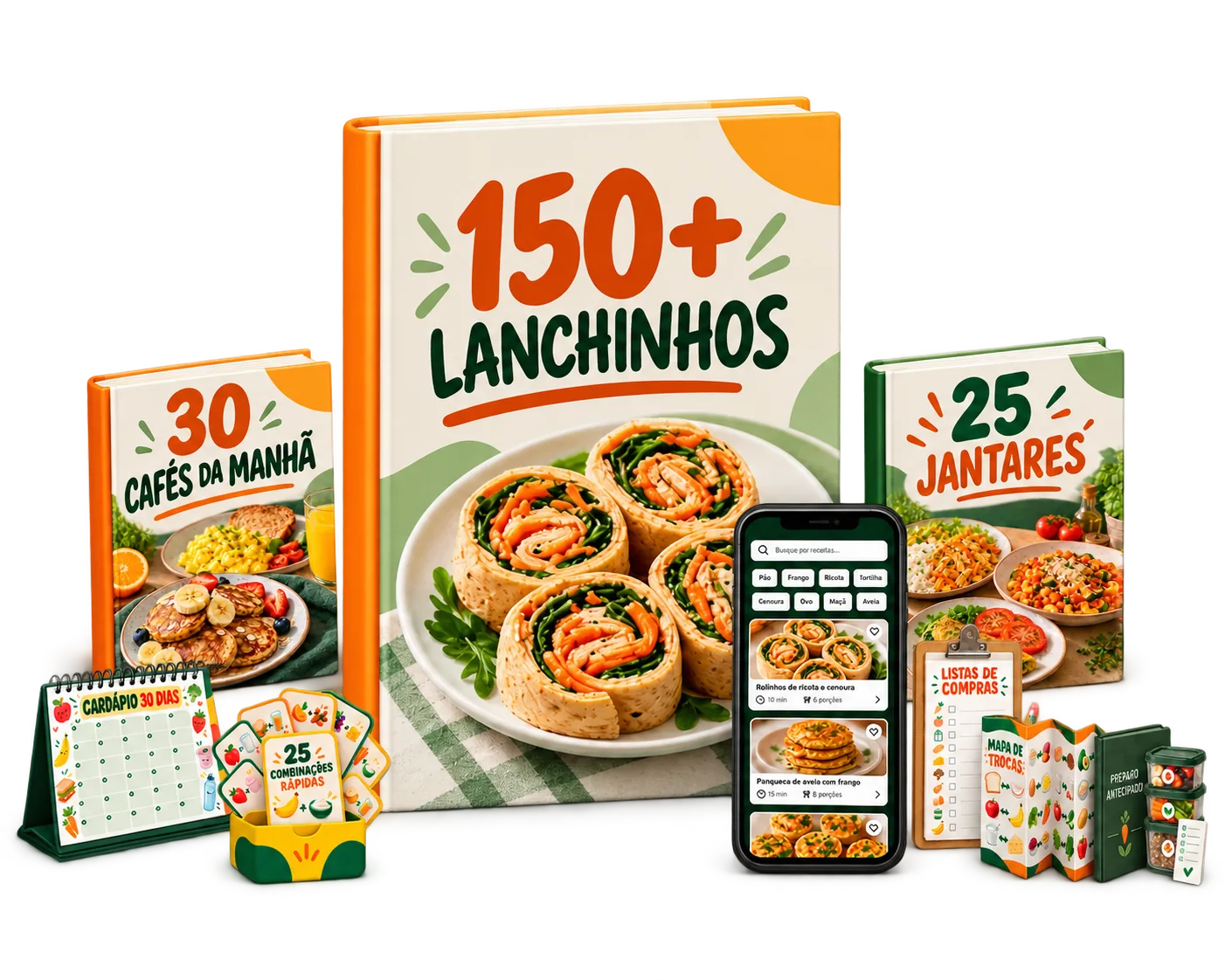 Mockup do Plano Completo com o livro de 150 lanchinhos em destaque e a plataforma e os sete bônus menores ao redor